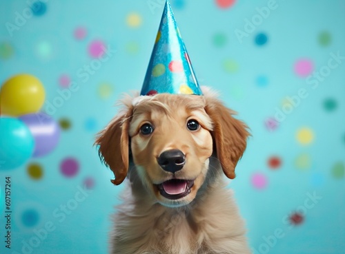 Happy cute scruffy dog celebrating with birthday cake and party hat, blue background with copy space to side. created with Generative AI technology