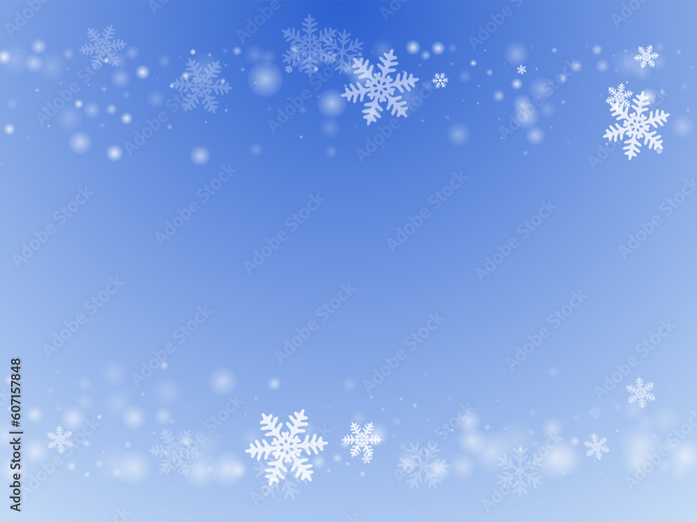 Fantasy flying snowflakes illustration. Winter fleck crystallic elements. Snowfall weather white blue background. Rime snowflakes january texture. Snow nature landscape.