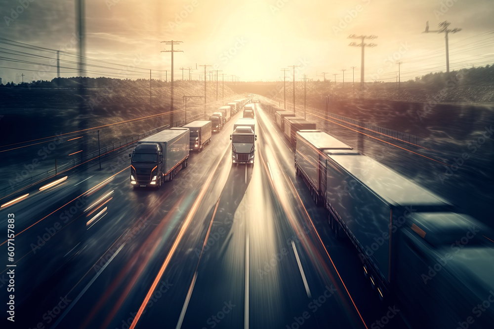 trucks trailers are driving on road. Logistics and management of cargo delivery and commercial transportation. Generative AI