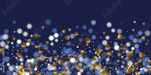 Simple Christmas star vector ornament illustration. Gold blue white shiny confetti. Banner