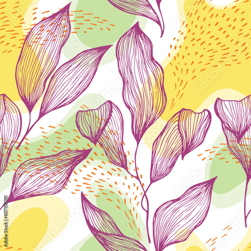 Sketch style doodle line texture leaves over stains and dots seamless vector ...