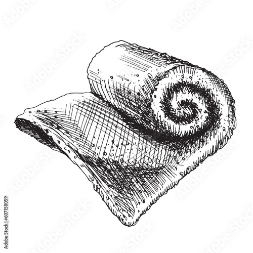 Terry towel half rolled. Hand-drawn graphics illustration. Eps vector, isolated object.