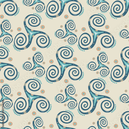 Ethnic triple spiral celtic triskele spiritual sign seamless pattern. Trinity helix