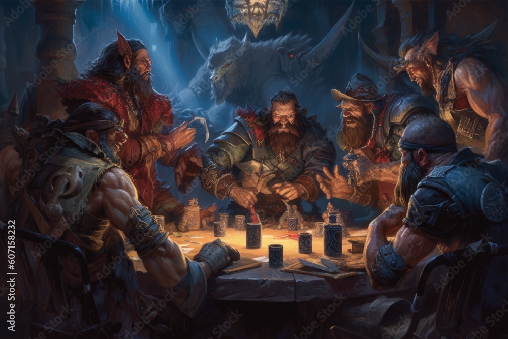 Legendary heroes from fantasy realms, armed with their iconic weapons, seated at a poker table, exchanging intense glances and testing their mettle in a game of skill and strategy. Generative AI.