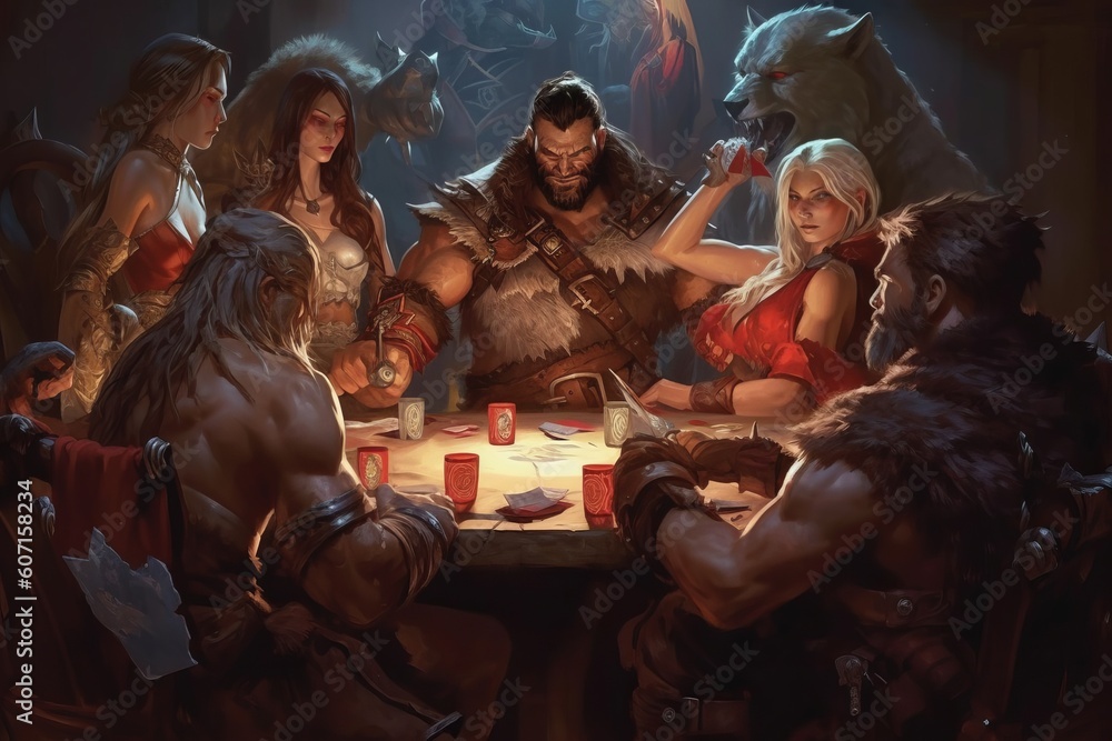 Legendary heroes from fantasy realms, armed with their iconic weapons, seated at a poker table, exchanging intense glances and testing their mettle in a game of skill and strategy. Generative AI.