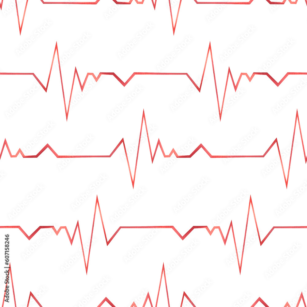 Red heartbeat graph, cardiogram. Watercolor illustration. Seamless pattern on a white background from the VETERINARY collection. For fabric, textile,wallpaper, paper