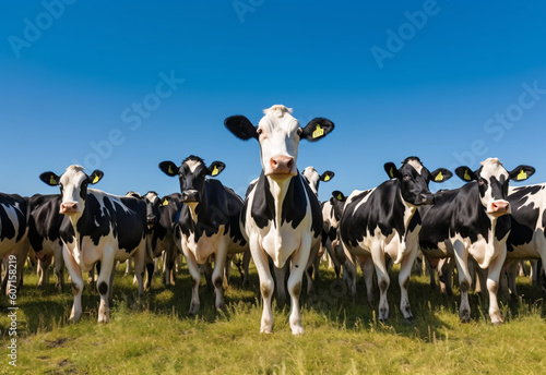 Black and white cows standing on top of a grass-covered field. © Arma Design