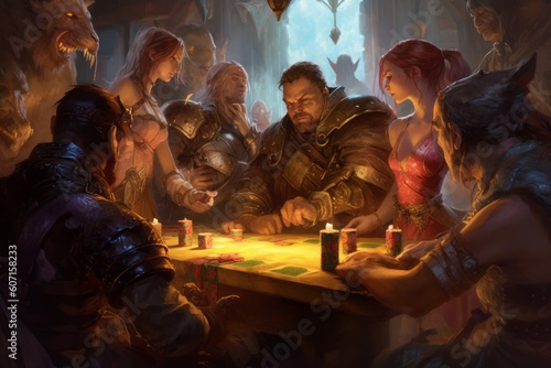 Wallpaper Mural Legendary heroes from fantasy realms, armed with their iconic weapons, seated at a poker table, exchanging intense glances and testing their mettle in a game of skill and strategy. Generative AI. Torontodigital.ca