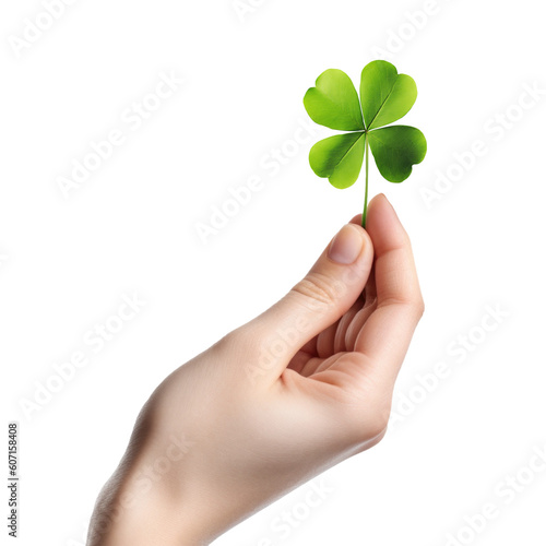 Hand Holding a Four Leaf Clover Isolated on Transparent Background - Generative AI
 photo