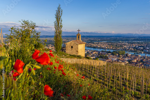 Grand cru vineyard and Chapel of Saint Christopher, Tain l'Hermitage, Rhone-Alpes, France