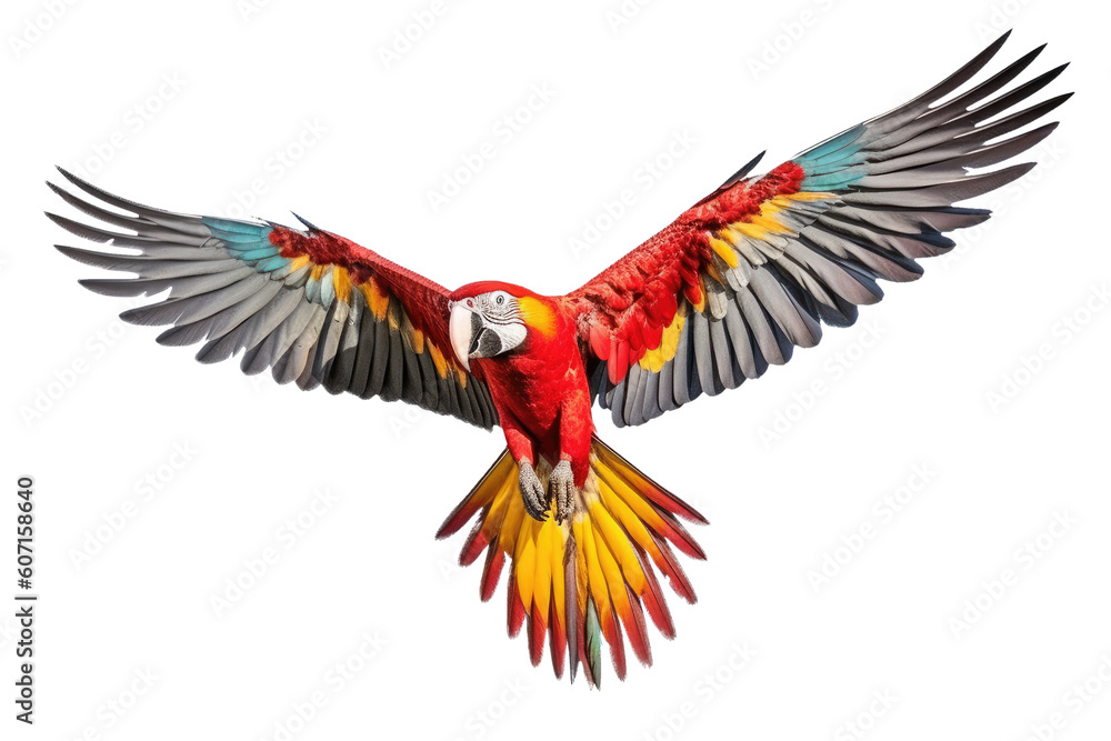 Fototapeta premium Macaw Parrot Flying Isolated on Transparent Background - Generative AI