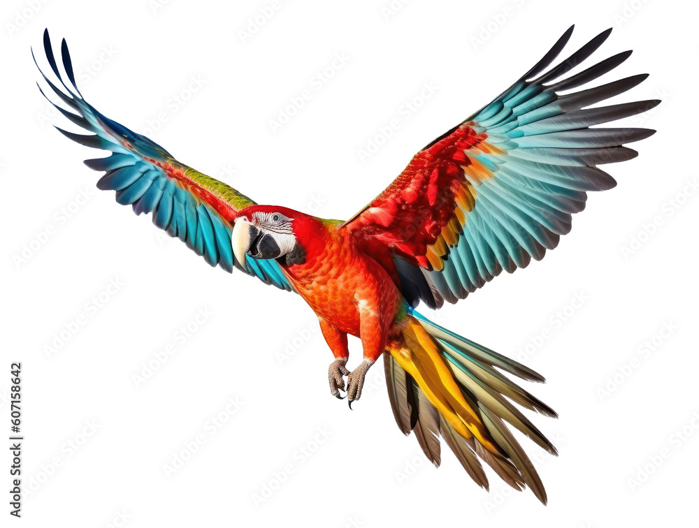 Fototapeta premium Macaw Parrot Flying Isolated on Transparent Background - Generative AI 