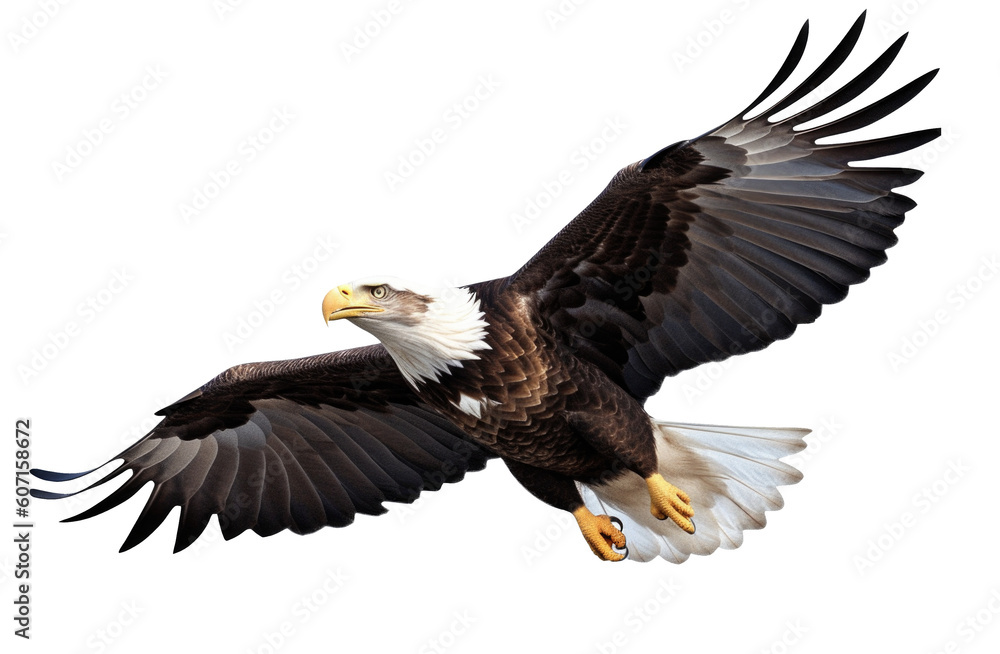 Fototapeta premium Bald Eagle Flying Isolated on Transparent Background - Generative AI 