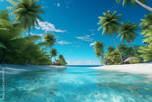 A tranquil haven amidst swaying palm trees, basking in turquoise seaside serenity. Generative AI