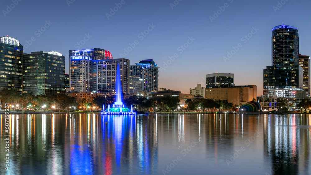 Orlando city at night with fountain in Florida, USA	
