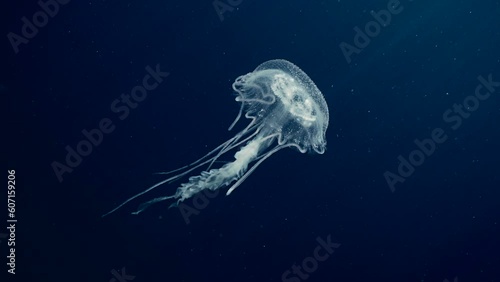 Close up, Mauve Stinger Jellyfish floats on the deph sea. Mauve Stinger, Night-lightx Jellyfish, Phosphorescent jelly or Purple people eater (Pelagia noctiluca) swims on blue deep of the Ocean photo