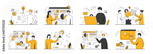 Business different illustration mega set. Office scene with business people. Workflow concept. Mega set. Characters working at home office and coworking space. Vector illustration concept