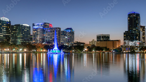 Orlando city at night with fountain in Florida, USA 