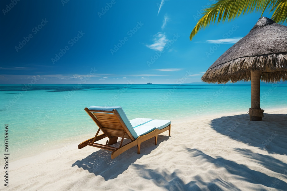 Postcard-perfect beach paradise, where the sun-lounger invites pure bliss by the azure sea. Generative AI