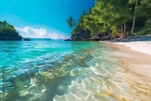 Lush paradise, where golden sands meet crystal-clear waters, inviting blissful relaxation. Generative AI