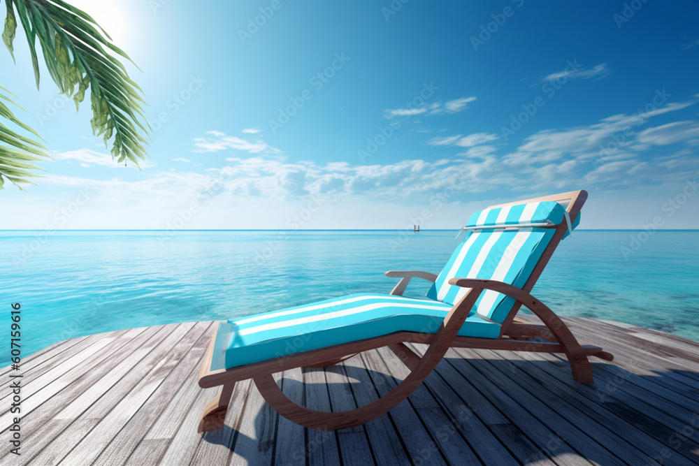 Tropical escape, where an inviting sun-lounger awaits beside the endless blue horizon. Generative AI