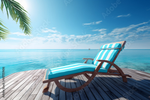 Tropical escape  where an inviting sun-lounger awaits beside the endless blue horizon. Generative AI