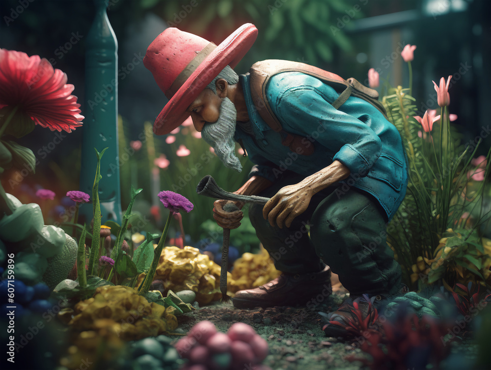 Man working in the garden with a scythe and flowers in the garden. Created with generative AI technology. Man working in the garden with a scythe and flowers in the garden. Created with generative AI technology.