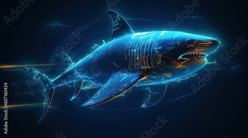 White Shark Robot Abstract Blue Matrix Effect Concept Art Blue deep underwater