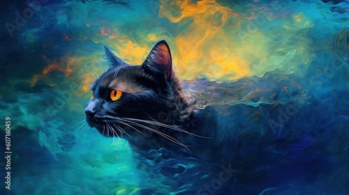 Black Cat Colorful incense clouds yellow and blue made with Generative AI