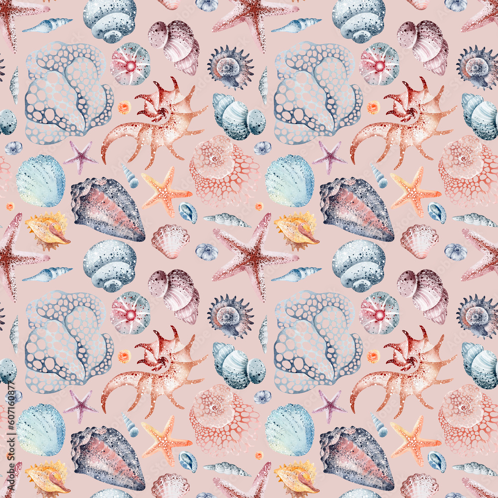 Seamless watercolor sea pattern with seashells. watercolor seamless ...