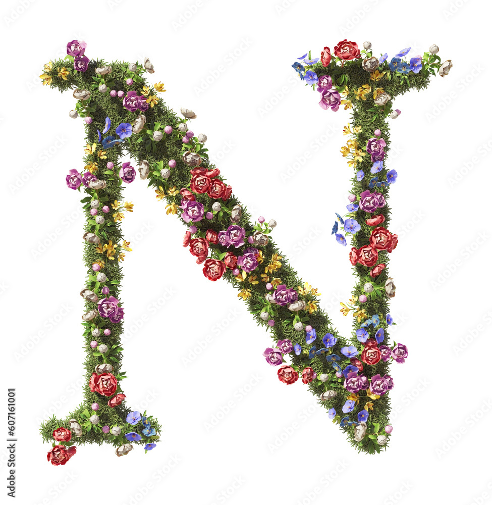 Flower Letter N. Vintage garden floral and plants font serif Isolated on transparent background
