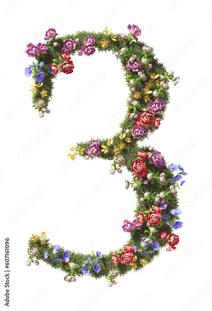 Flower Number 3, Three. Vintage garden floral and plants font serif Isolated on transparent background. 3D render