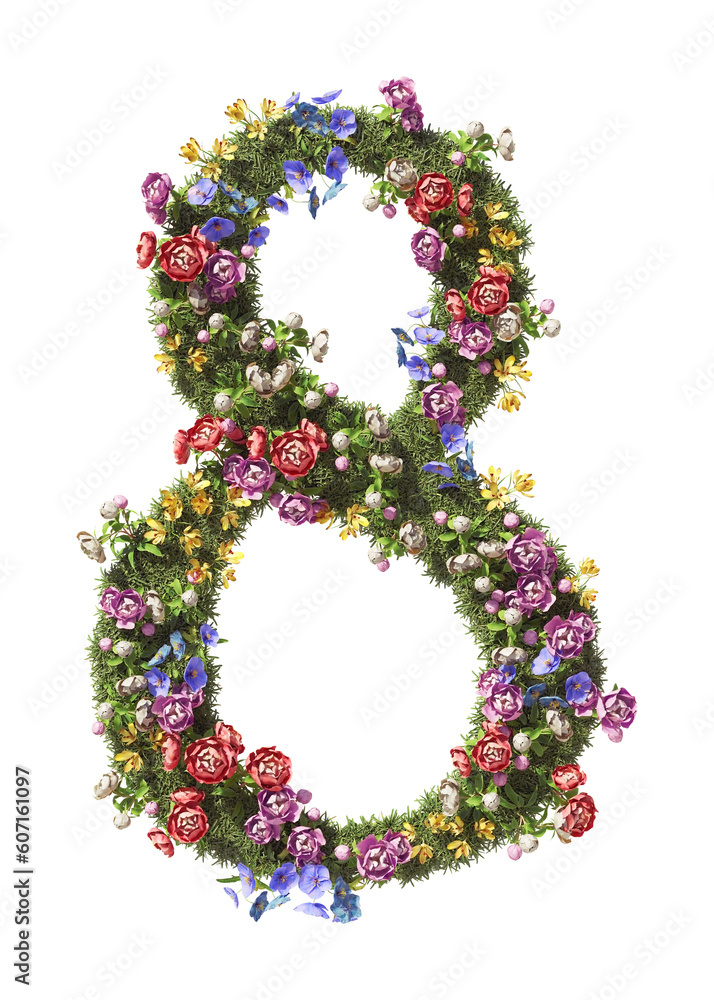 Flower Number 7, Eight. Vintage garden floral and plants font serif Isolated on transparent background. 3D render