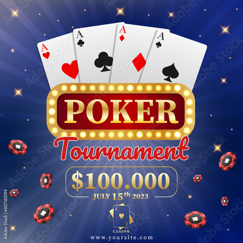 Poker tournament, cards and chips banner. Casino. Can be used as a flyer, poster or advertisement. Vector illustration on a blue background.