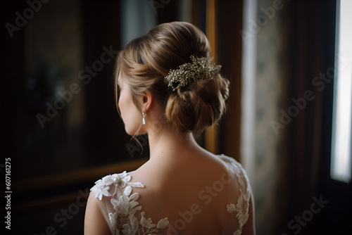 A Light Brown Hair Bride Stands With Her Back, Wedding Hairstyle of European Women: AI Generated Image