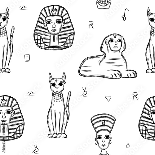 Egyptian seamless pattern with Pharaoh  and Sphinx