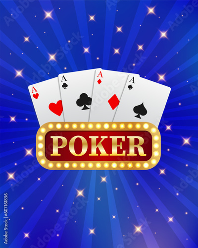 Poker tournament, cards and chips banner. Casino. Can be used as a flyer, poster or advertisement. Vector illustration on a blue background.