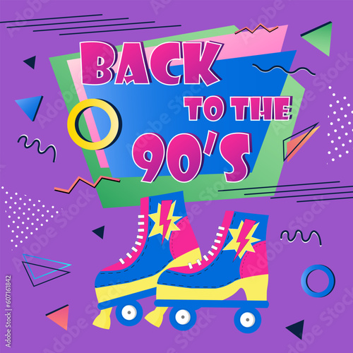 Bright vintage poster with roller skates. Back to the 90s. Vintage retro textures. Print template for music events in the style of pop and rock music, advertising, banner and invitation to dance