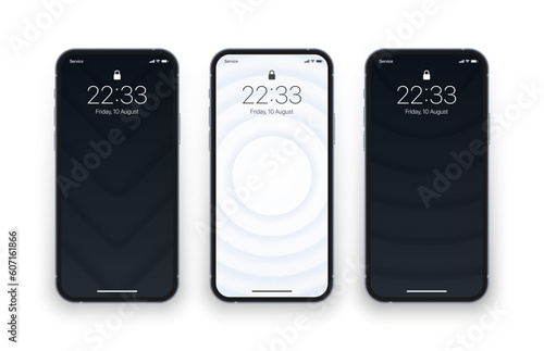 Different Black And White 3D Neumorphic Layered Structure Wallpapers Set On Photorealistic Mobile Phone Screen Mock Up Isolated On White. Set Of Vertical Futuristic Abstract Backgrounds For Smartphone