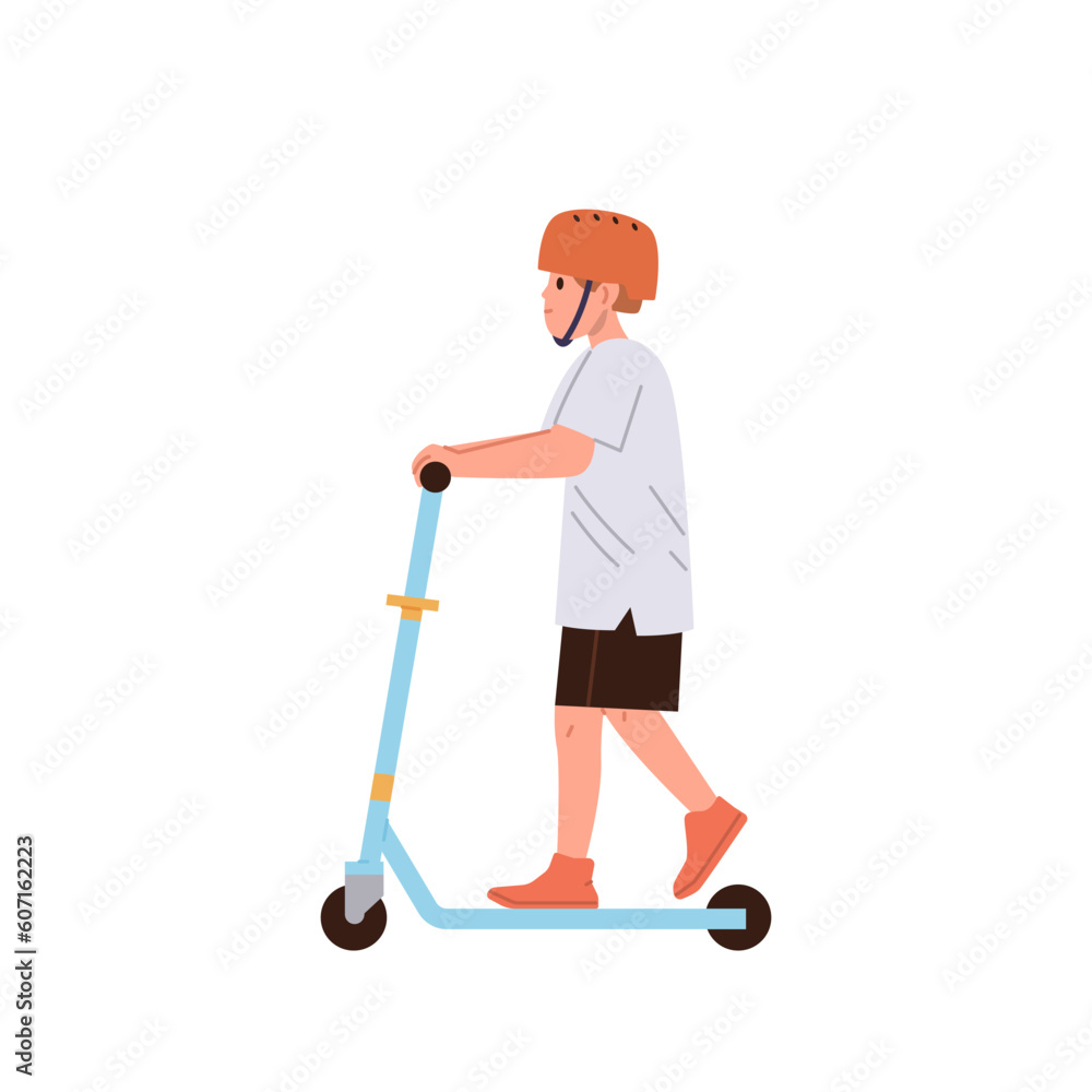 Little boy cartoon child character wearing protective safety helmet riding two-wheeled scooter Little boy cartoon child character wearing protective safety helmet riding two-wheeled scooter