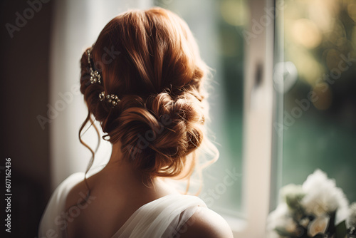 A Red Hair Bride Stands With Her Back, Wedding Hairstyle for European Women: AI Generated Image