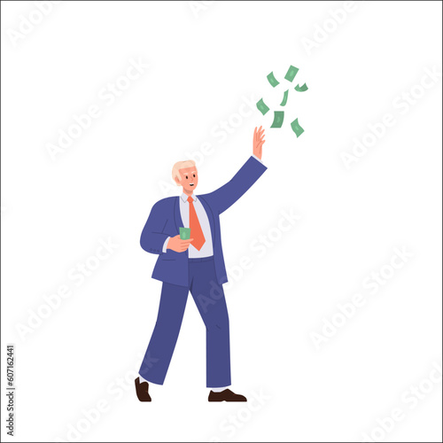 Young business man character catching dollar banknote cash chasing money isolated on white