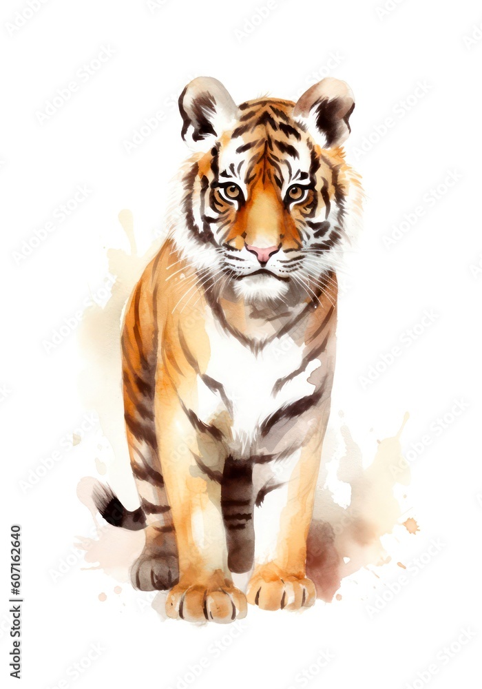 Obraz premium Cute little tiger on white background, cartoon watercolor illustration. Generative AI.