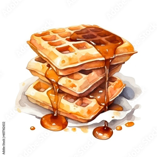 Watercolor illustration of belgian waffles with caramel on white background. Generative AI.