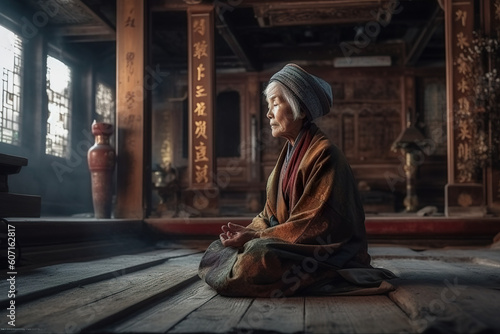 A woman sitting on a wooden floor in a room. Generative AI. Mature woman meditating.