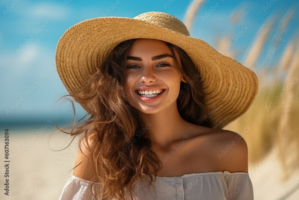 Happy woman in a straw hat is sunbathing on the beach. Travel concept. AI generated, human enhanced