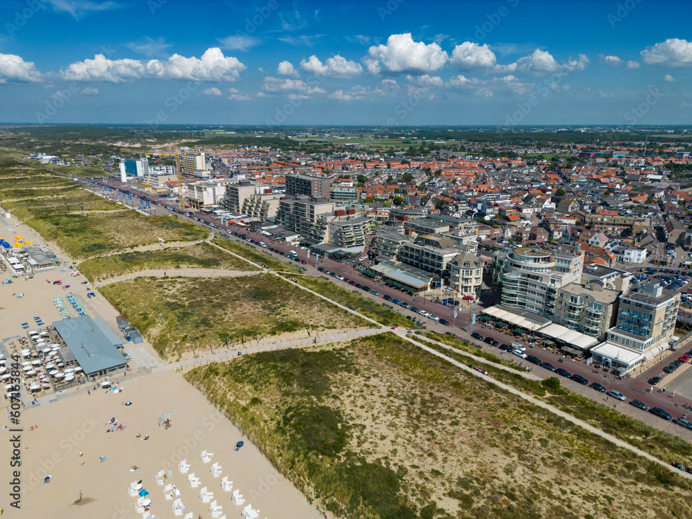 This aerial drone photo shows the boulevard and coastline of Noordwijk aan Zee in Zuid-Holland, the Netherlands. Noordwijk is a coastal town where many tourists come to enjoy their summer holiday. 