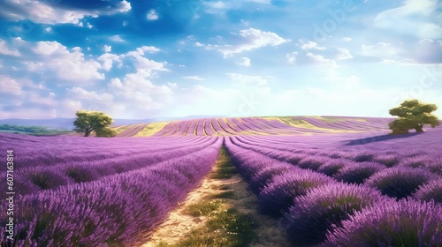 A serene lavender field stretching far, painting the countryside with shades of purple. Generative AI.