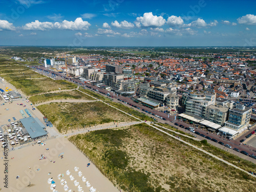 This aerial drone photo shows the boulevard and coastline of Noordwijk aan Zee in Zuid-Holland, the Netherlands. Noordwijk is a coastal town where many tourists come to enjoy their summer holiday.  © robin