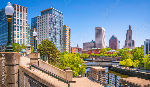 Panorama of Providence City Skyline, Skyscrapers, and Buildings over Woonasquatucket River at Waterplace Park in Providence, Rhode Island photo